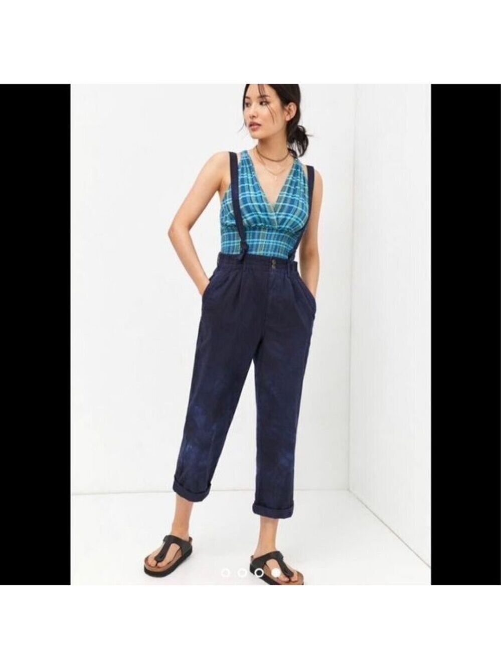 Pilcro Suspender Pants High Rise Tapered Wide Leg Cuffed Blue Marbled Denim M